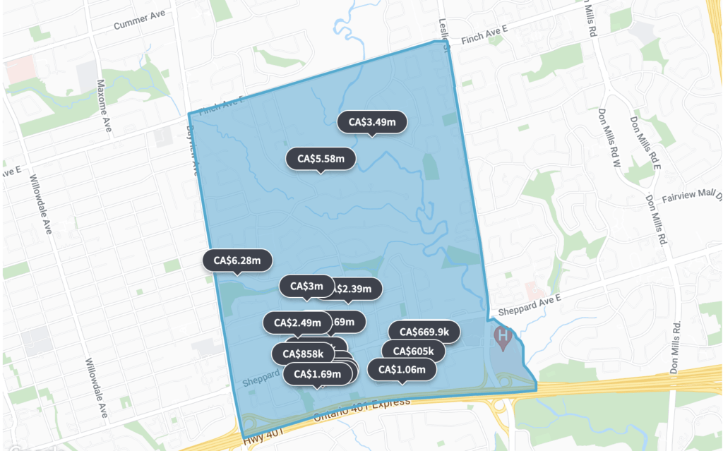 Townhouses and Condos For Sale in Bayview Village Toronto map
