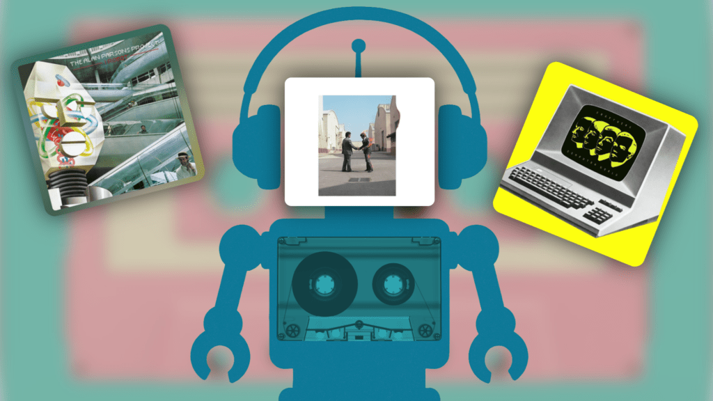 little robot listing to songs about AI