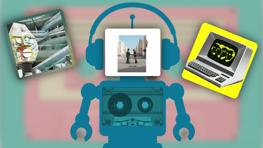 little robot listing to songs about AI